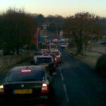 Oreston and Pomphlett roundabout rush hour traffic.